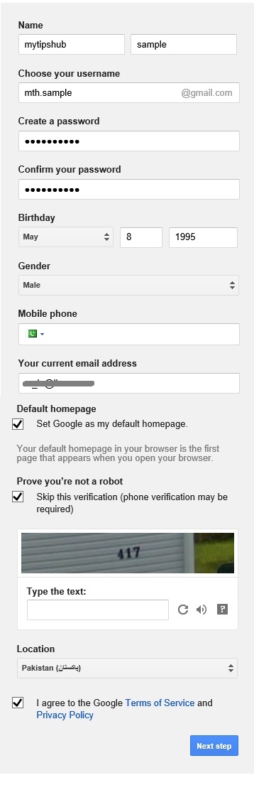Signup gmail form filling