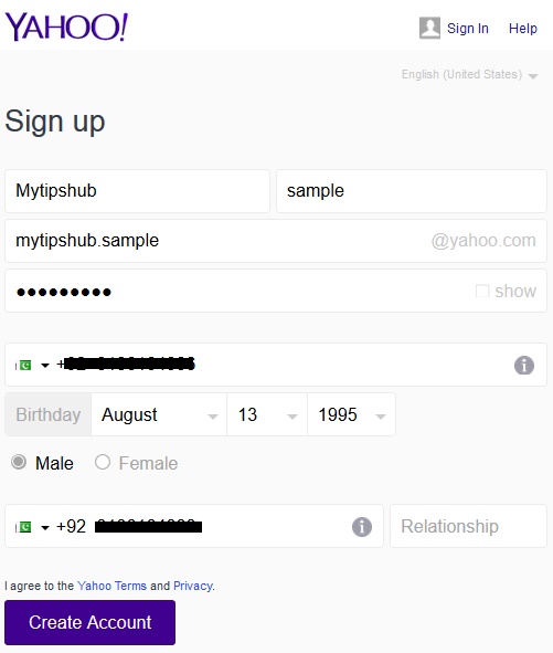 Yahoo Signup Form Filling
